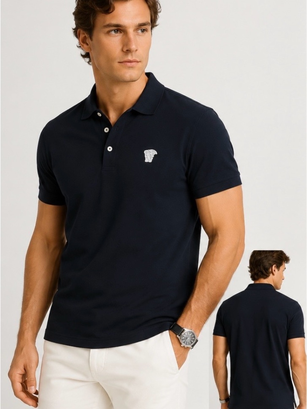 Versace Navy Polo Shirt with White Medusa Patch